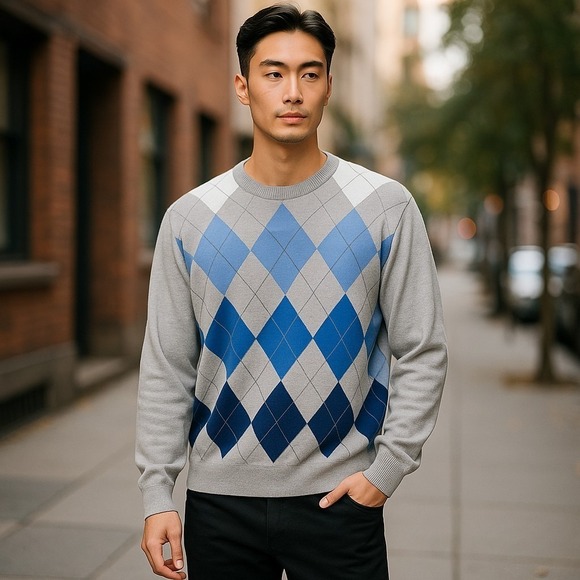Michael Kors Sweater XL Argyle Gray Blue Lightweight Pullover Preppy Academia - Picture 1 of 10